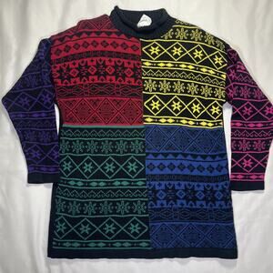 Vtg Esprit Knit Sweater Womens Size S Colorful Pattern Winter Roll Neck Cotton